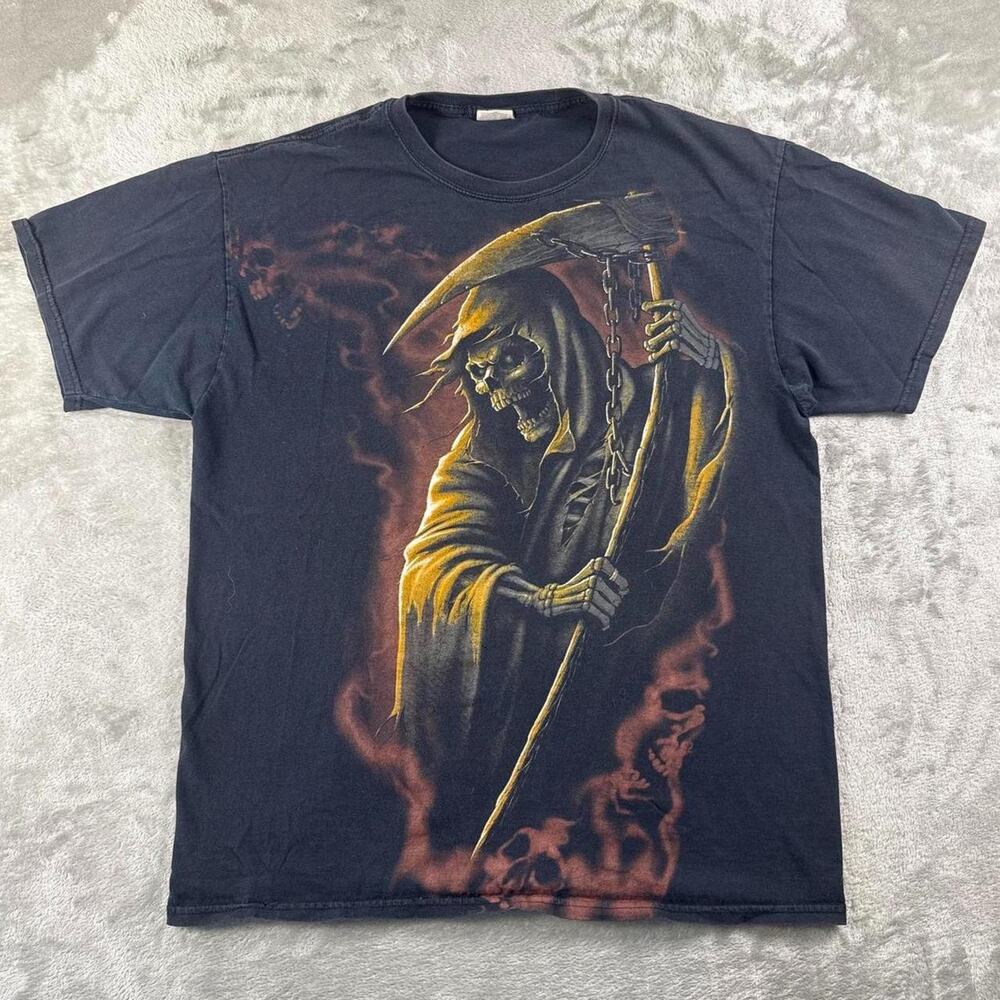 Vintage Y2K Grim Reaper T-Shirt Men’s Large Black AOP Mall Goth Biker Skull